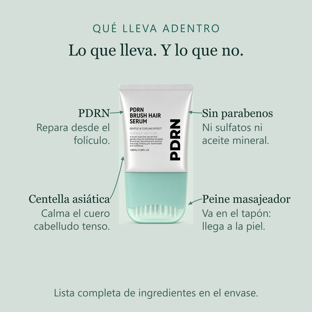 Qué lleva adentro: PDRN, centella asiática, sin parabenos y el peine masajeador integrado en el tapón