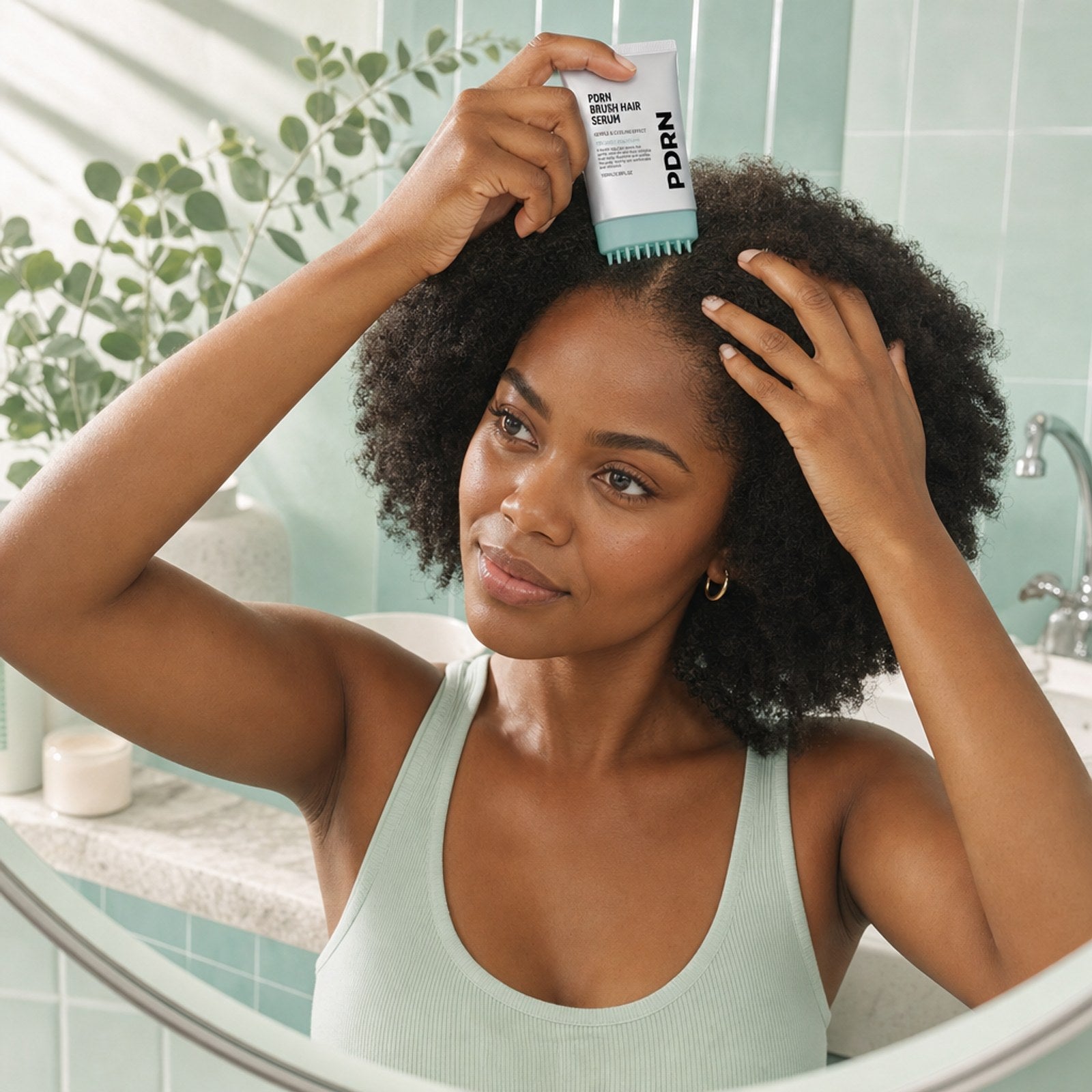 Applying the serum through natural coily hair