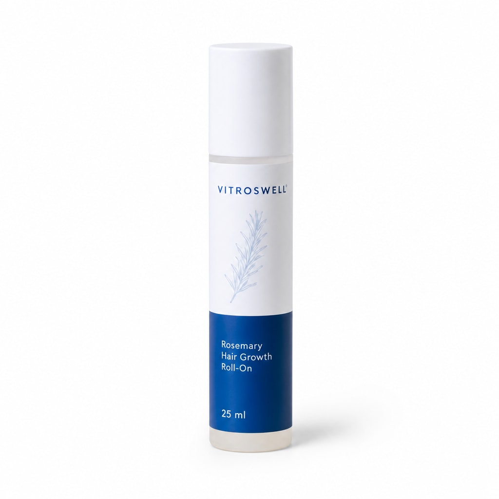 Vitroswell Rosemary Hair Growth Roll-On Serum, 25 ml bottle, three-quarter view