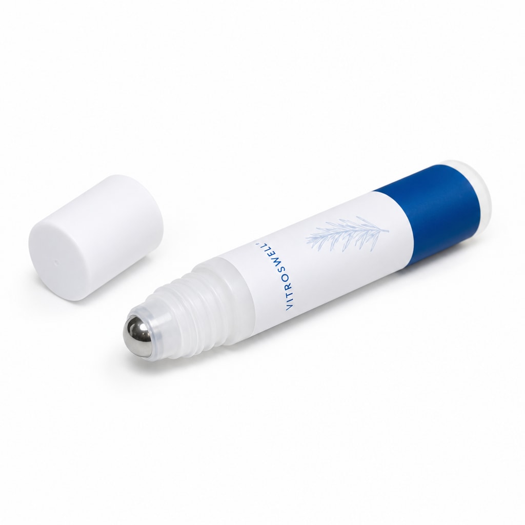 Vitroswell roll-on serum lying down with the cap off, showing the stainless steel roller ball