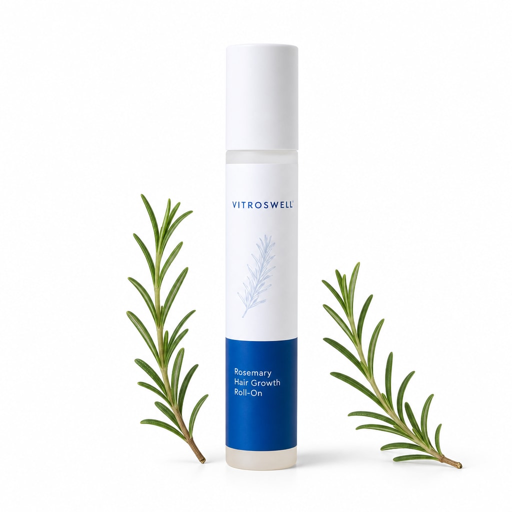 Vitroswell roll-on serum standing next to fresh rosemary sprigs